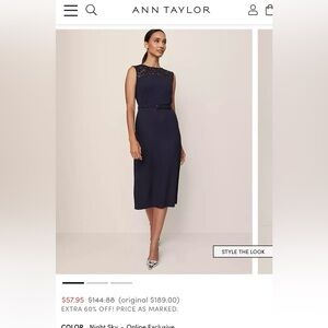 Ann Taylor Lace Trim Satin Navy Dress